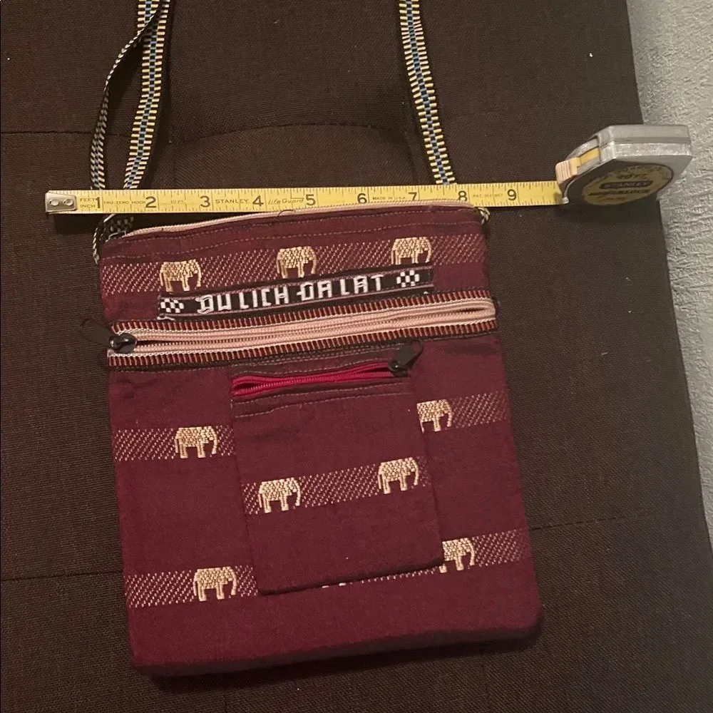 #0976+Elephant Patterned Maroon Crossbody Bag
